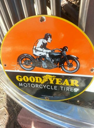 VINTAGE 1936 GOODYEAR MOTORCYCLE TIRES PORCELAIN SIGN RACK PLATE 3