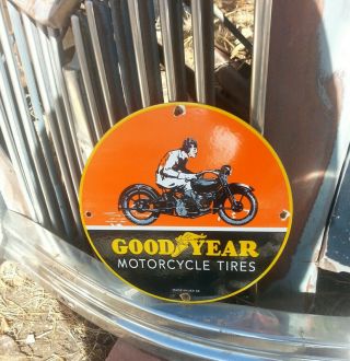 VINTAGE 1936 GOODYEAR MOTORCYCLE TIRES PORCELAIN SIGN RACK PLATE 4