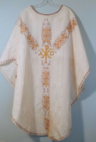 Priest Vestment,  Vintage Chasuble,  Ivory Taffeta,  Gold Embroidery