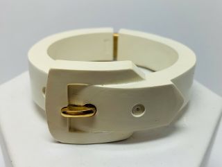 Rare Vintage Trifari White Lucite Gold Buckle Clamper Bangle Bracelet