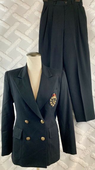 Vintage Ralph Lauren Women’s Size 2p Black Suit Crest Logo Wool Double Breasted