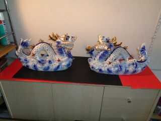 Vintage Large Blue,  White With Gold Accent Chinese Dragon Statues (17 ")