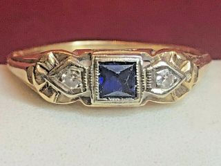 Antique 14k Gold 2 Diamond Princess Blue Sapphire Ring Art Deco Band Wedding