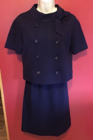 I.  Magnin Kimberly Vtg 2 Pc Navy Blue Double Breasted Women Wool Skirt Suit Sz 8