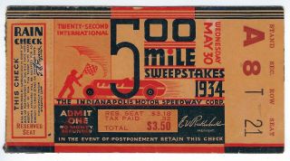 Vintage Indianapolis 500 Ticket Motor Speedway May 30 1934 Indy 500