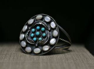 Vintage Native American Navajo Sterling Silver Turquoise Cluster Cuff Bracelet 2
