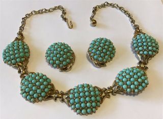 Vintage Crown Trifari Signed Turquoise Rhinestone Necklace & Earrings N7