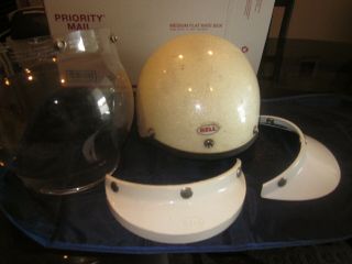 Vintage 1968 Bell Toptex Shorty Pearl White Metalflake Helmet Size 7 1/4,  Visors