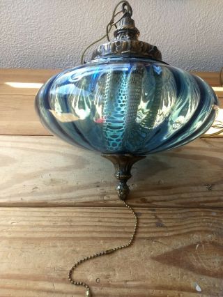 Vintage Midcentury Swag Lamp Blue Glass Retro Hanging Wall Lamp.