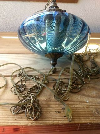 Vintage Midcentury Swag Lamp Blue Glass Retro Hanging Wall Lamp. 4