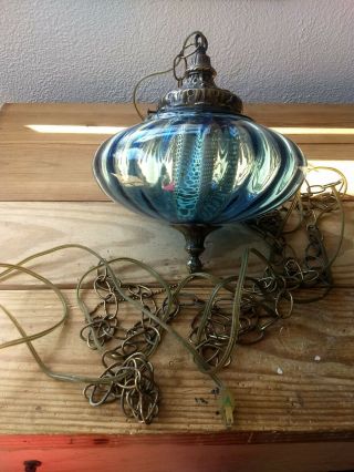 Vintage Midcentury Swag Lamp Blue Glass Retro Hanging Wall Lamp. 6