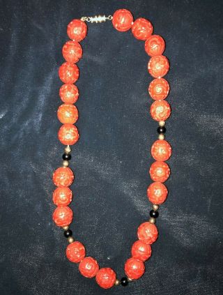 Vintage Chinese Red Cinnabar Necklace 18 " Large 16mm