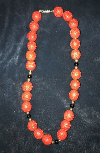 Vintage CHINESE RED CINNABAR NECKLACE 18 