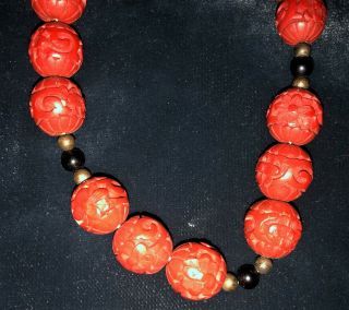 Vintage CHINESE RED CINNABAR NECKLACE 18 