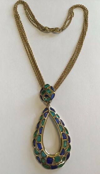 Vintage Crown Trifari Plique A Jour Stained Glass Blue/ Green Necklace Z1
