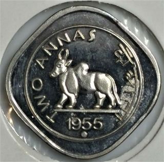India Extremely Rare 2 Anna (1/8 Rupee) 1955 Bombay Unc (bull Coin)