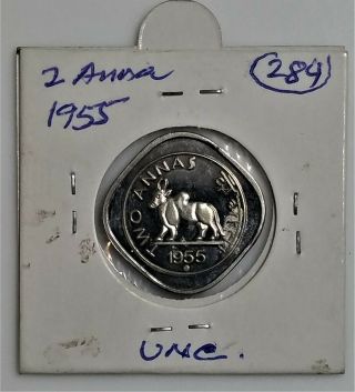 INDIA EXTREMELY RARE 2 ANNA (1/8 RUPEE) 1955 BOMBAY UNC (BULL COIN) 4