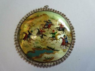 Vintage Chinese Silver Handpainted Mother Of Pearl Pendant - Chinese Warriors