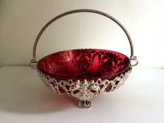 Fabulous Antique Victorian Silver Plate & Cranerry Glass Liner Fruit Bowl