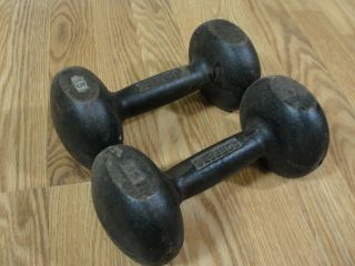Pair Vintage Roberts Cast Iron 15 Lb Pound Round Head Dumbbell Hand Weights