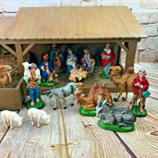Vtg Italian Nativity Set Christmas Manger Scene 15 Figures Made In Italy Antique