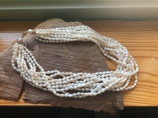 Vintage Estate Multi Strand Natural Rice Pearl Necklace 14k 10 Strand