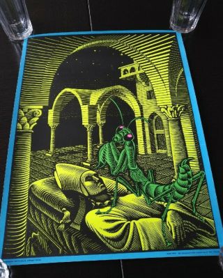Vintage Black Light Poster Bad Trip Praying Mantis M.  C.  Escher Silk Screened