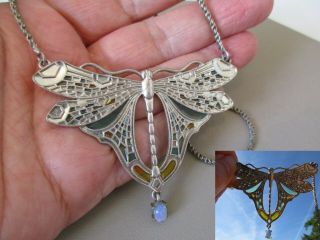 Vintage Art Nouveau Deco Silver Plique A Jour Enamel Dragonfly Necklace Pendant