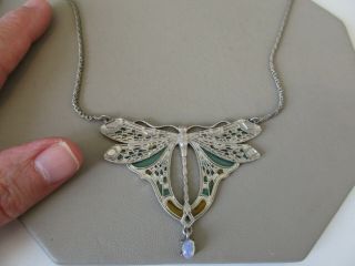 VINTAGE ART NOUVEAU DECO SILVER PLIQUE A JOUR ENAMEL DRAGONFLY NECKLACE PENDANT 5