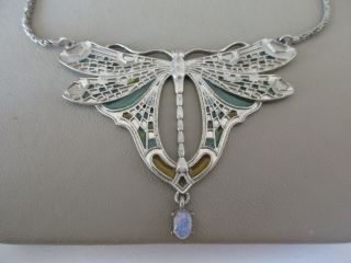 VINTAGE ART NOUVEAU DECO SILVER PLIQUE A JOUR ENAMEL DRAGONFLY NECKLACE PENDANT 7