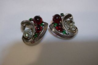 Vintage Crown Trifari Rhinestone Jelly Belly Ear Clips Alfred Phillippe Sterling