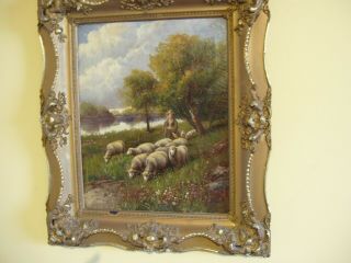 Vintage Oil On Canvas Pastorial Scene With Sheep Signed Lower Right