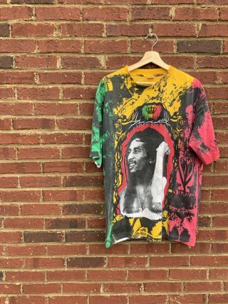 Vtg 90s Bob Marley All Over Print Mosquito Head Rap Tee Rasta Hip Hop T - Shirt