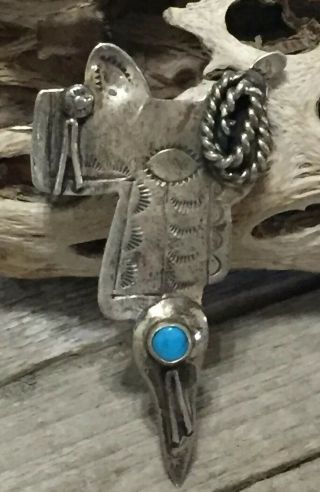 Vtg Native American Detailed Turquoise Cowboy Saddle Pin Brooch Sterling Silver
