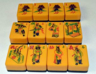 Antique MAHJONG Set Mah Jong Jongg Two Tone Wafer Bakelite Tiles & Leather Case 12