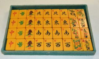 Antique MAHJONG Set Mah Jong Jongg Two Tone Wafer Bakelite Tiles & Leather Case 3