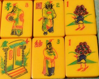 Antique MAHJONG Set Mah Jong Jongg Two Tone Wafer Bakelite Tiles & Leather Case 6