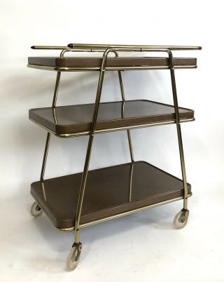 Vintage Mid Century Cosco Cart 3 - Tier Utility Wood Grain Metal Kitchen Bar Stand