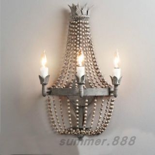 French Vintage Country Metal Frame Sconce Crystal / Wood Beads E14 Wall Lamp