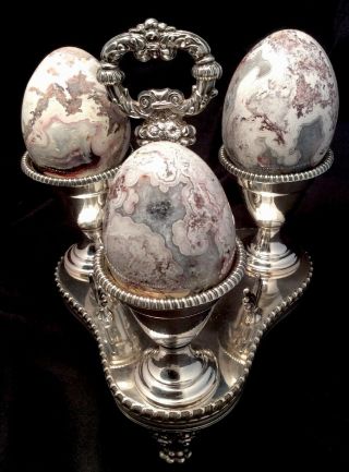 (e32) Silver Plated Three Egg Cup Stand And Crazy Lace Agate Mineral Eggs Easter