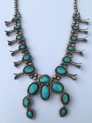 Vtg Old Pawn Navajo Sterling Silver Turquoise Squash Blossom Naja Bead Necklace