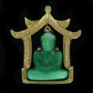 Vintage Chinese Kramer Peking Glass Buddha In Shrine Gold Finish Pin 1.  75 " H