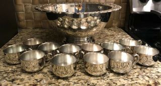 Vintage Oneida Silver Plated Punch Bowl Set - Bowl And 12 Cups