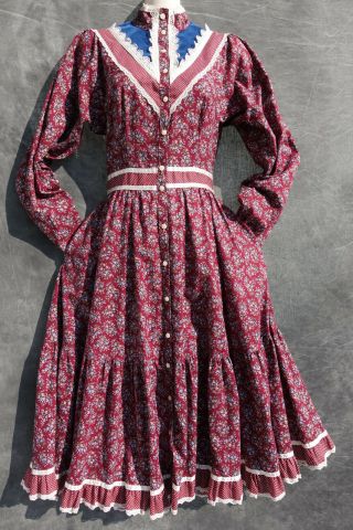 Gunne Sax Vintage Prairie Victorian Boho Dress W/pockets Sz 9 Lace Satin Floral