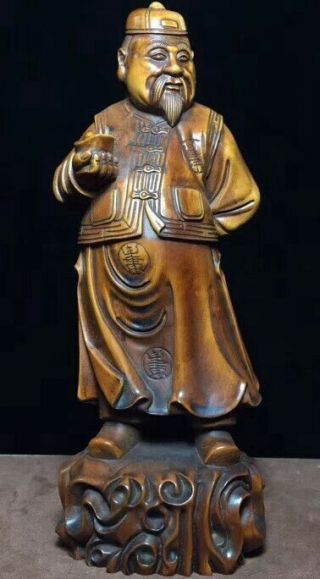 Collectable Old Tibet Handwork Boxwood Carve Auspicious Flower Robe Man Statue 2
