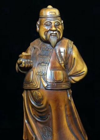Collectable Old Tibet Handwork Boxwood Carve Auspicious Flower Robe Man Statue 3
