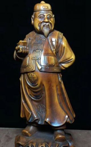 Collectable Old Tibet Handwork Boxwood Carve Auspicious Flower Robe Man Statue 4