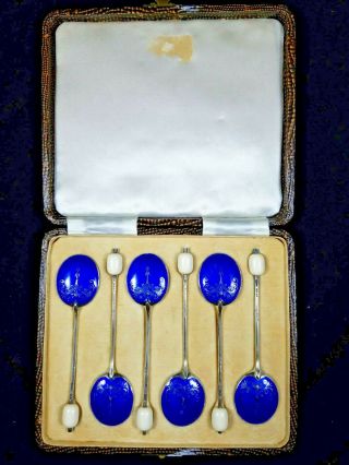 6 English T & S Sterling Silver Enamel Demitasse Spoons Box.  925 Harrods London