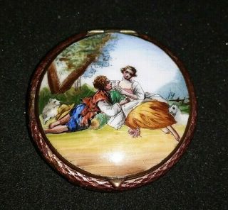 Compact Guilloche & Hand Painted Enamel German Antique Vintage Courting Couple