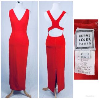 Vintage 1990’s Herve Leger Red Rayon/lycra Long Bodycon Dress Sz Us Small Wow